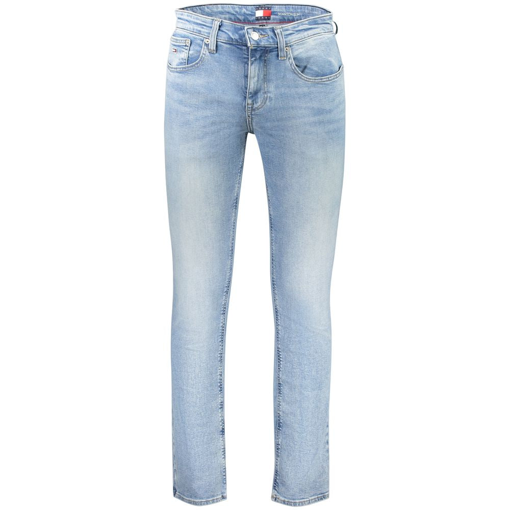 Tommy Hilfiger Blue Cotton Men Jeans with slim fit and chic washed effect, crafted for comfort with a cotton, elastane, and polyester blend.