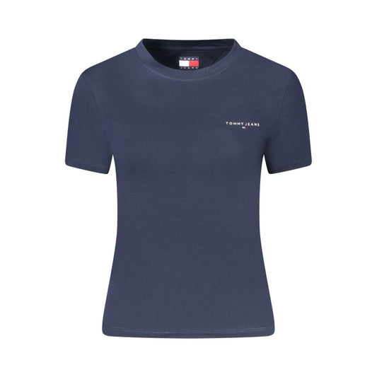 Tommy Hilfiger Blue Cotton Women T-Shirt with crew neck and logo print, made from 95% regenerative cotton.