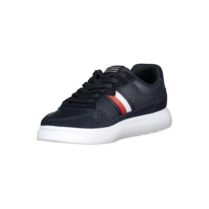 Tommy Hilfiger Blue Leather Men Sneaker with white sole and iconic stripe detail.