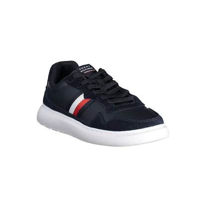 Tommy Hilfiger Blue Leather Men Sneaker with white sole, featuring red and white stripe detail and iconic logo on tongue.