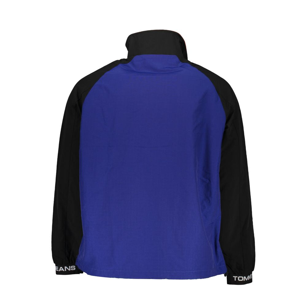 Tommy Hilfiger Blue Polyamide Men Jacket with contrasting black sleeves and logo embroidery, featuring sustainable recycled materials.