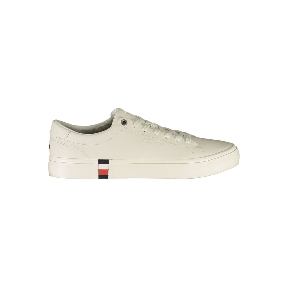Tommy Hilfiger White Leather Men Sneaker with iconic logo, side view, featuring stylish contrasting details for athletic and casual wear.