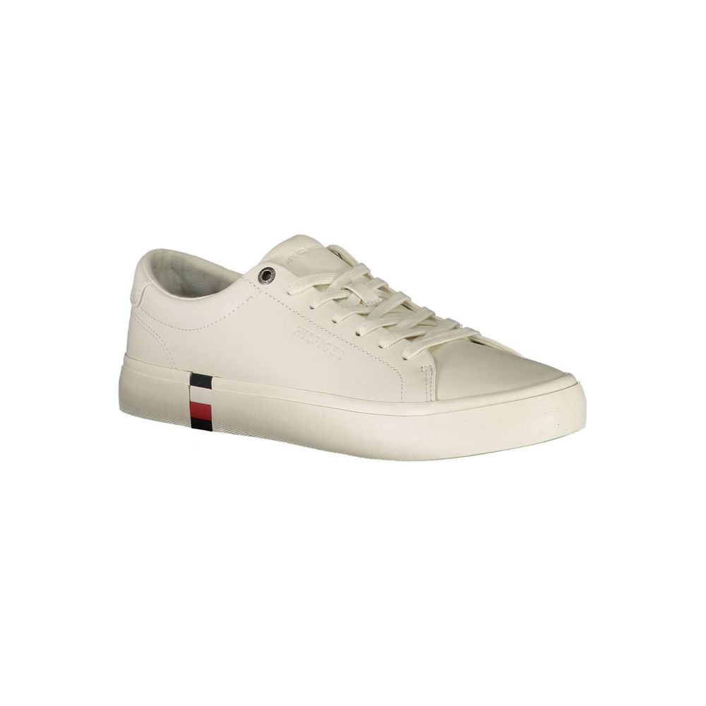 Tommy Hilfiger White Leather Men Sneaker with iconic logo and bold silhouette on a sports shoe