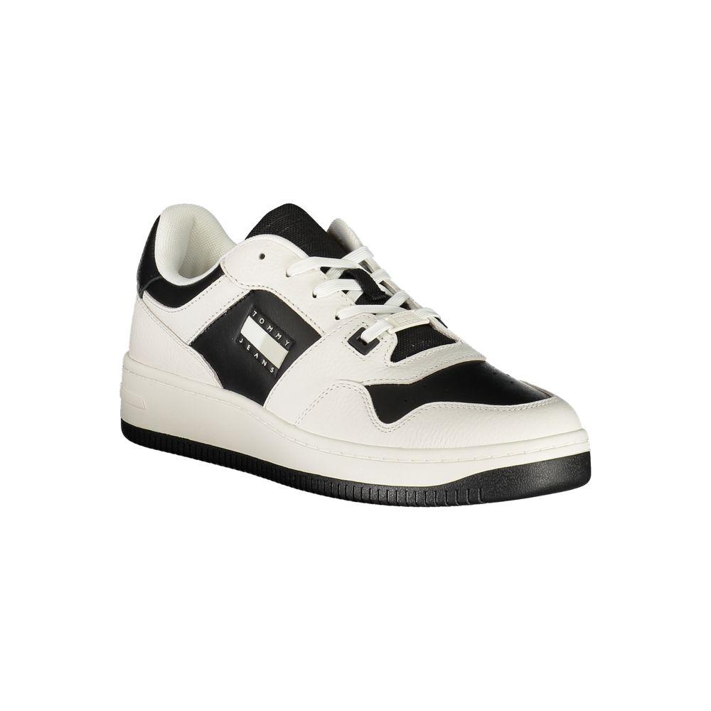 Tommy Hilfiger White Leather Mens Sneaker with black contrast details and logo.