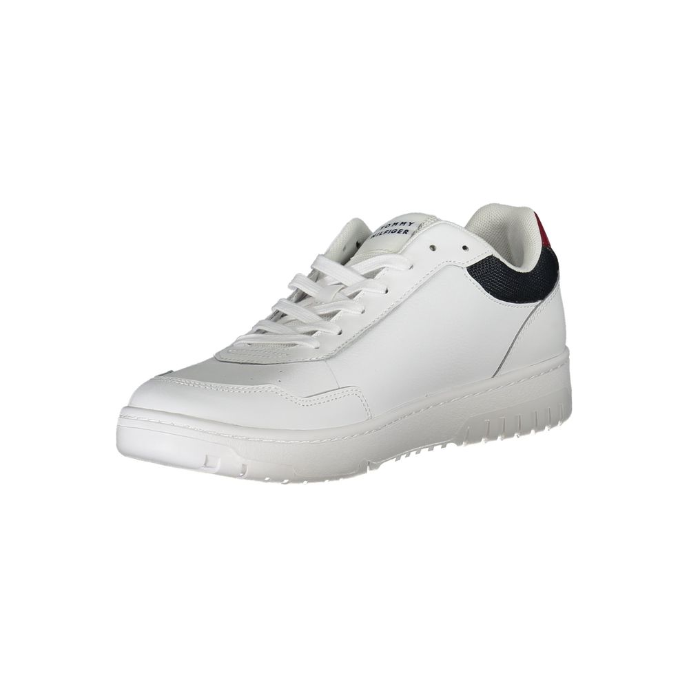 Tommy Hilfiger White Leather Sneaker with laces, removable insole, contrasting details, and logo print.