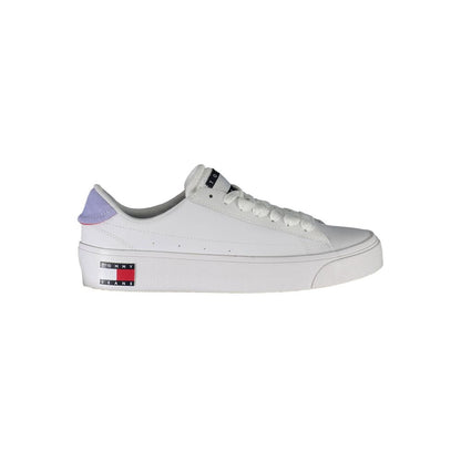 Tommy Hilfiger White Polyester Women Sneaker with iconic logo and sustainable materials, side view against a white background.