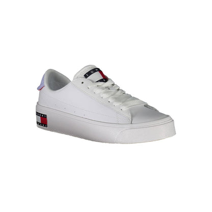 Tommy Hilfiger White Polyester Women Sneaker with contrasting logo accents, made from 50% recycled materials for sustainable fashion.