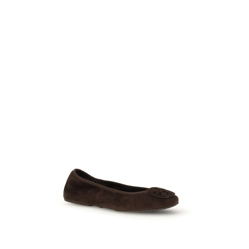 Tory Burch Brown Calf Leather Bos Taurus Ballet Flats with metal logo and elastic edges for comfort and style.