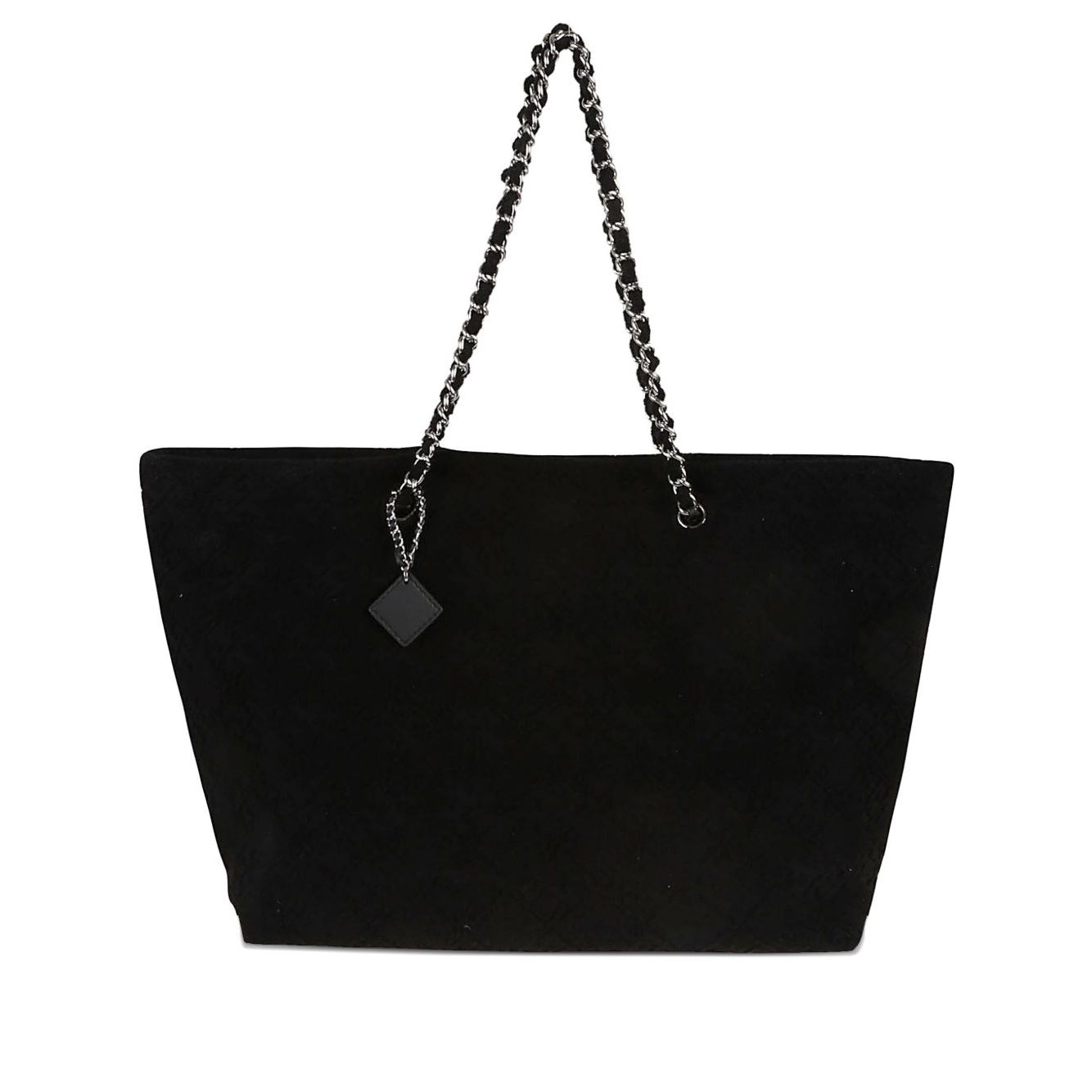 Tory Burch Ella Chain-strap Tote Bag in black with chain straps and hanging tag, open top, cotton material, size 30x50x15 cm.