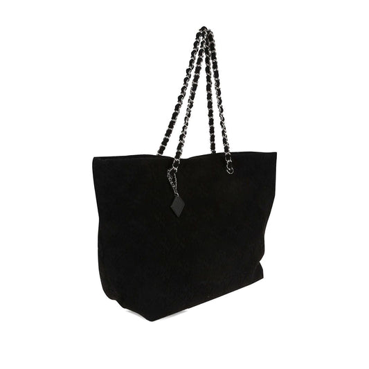 Tory Burch Ella Chain-strap Tote Bag in black with chain straps, open top design, and hanging tag, dimensions: 15 cm x 30 cm x 50 cm.