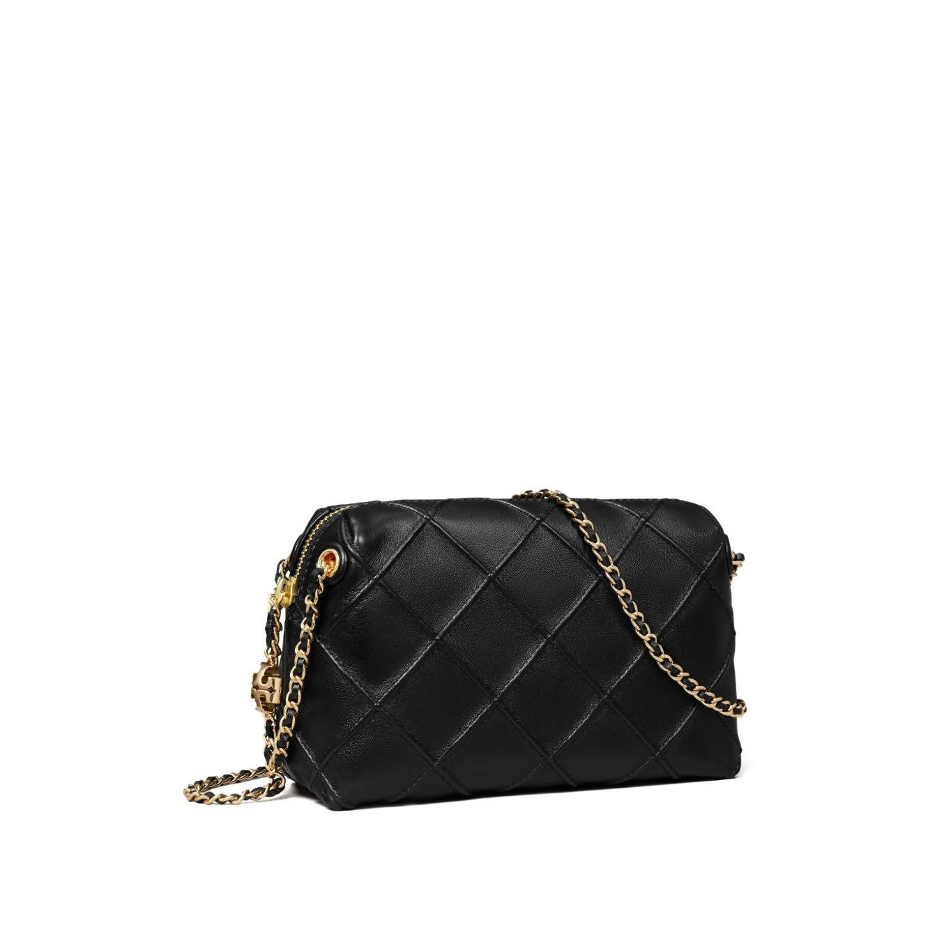 Tory Burch small Fleming leather crossbody bag with black diamond quilted pattern and gold-tone chain strap.