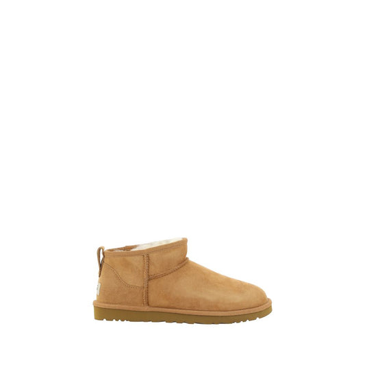 UGG Brown Goatskin Ankle Boots with shearling lining and knurled sole for grip, featuring a round toe and embossed stitching.