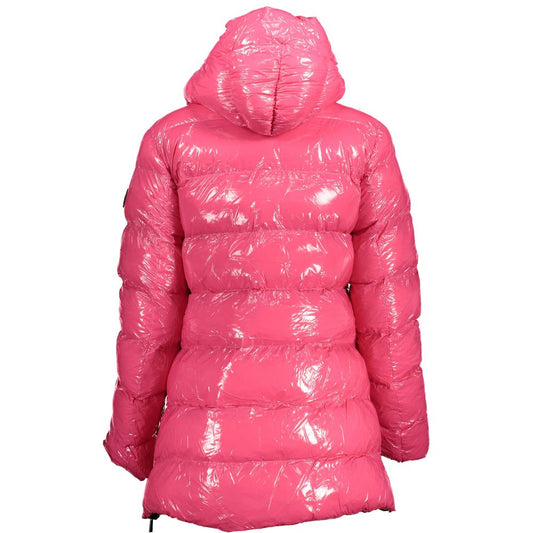 U.S. POLO ASSN. Pink Polyester Women Jacket with hood and side zippers, showcasing style and brand logo on back view.