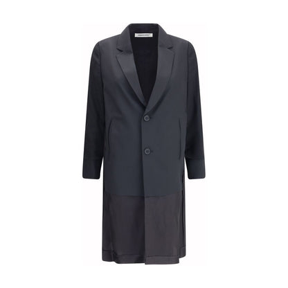 Undercover Black Polyester Coat with classic lapels, two-button closure, and tulle sleeve details, AW25 regular fit blazer jacket.