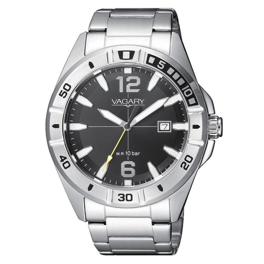 VAGARY MOD. IB8-518-51 wristwatch with silver stainless steel band and black face, stylish and waterproof to 10 bar.