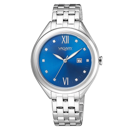 VAGARY MOD. IU1-611-71 elegant blue watch with silver bracelet, featuring Roman numeral indices.