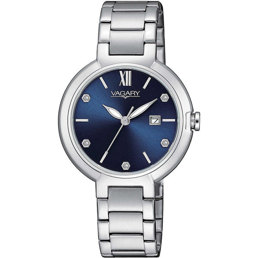 VAGARY MOD. IU2-618-71 elegant silver and blue watch with a stainless steel bracelet and diamond-like markers