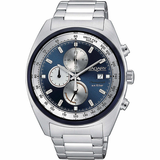 Luxury watch displaying time and chronograph on blue dial, model VAGARY MOD. VA1-315-71, with stainless steel strap.