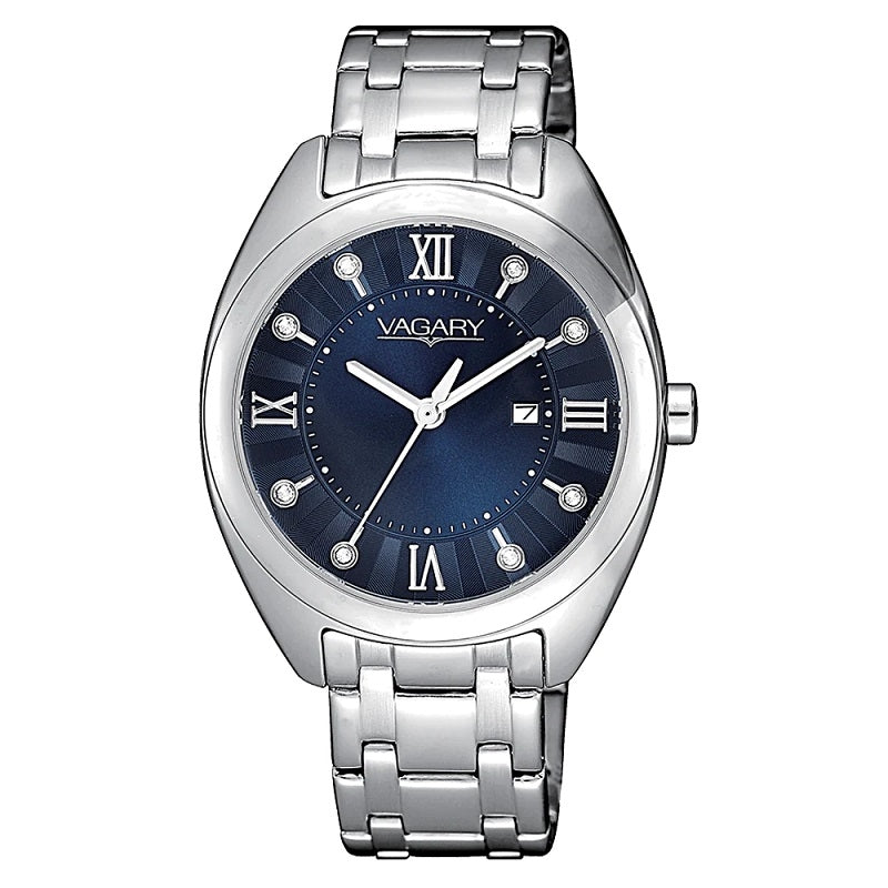 VAGARY Mod. IU2-111-71 watch featuring a silver band and blue dial with Roman numeral markers, stylish design for men.