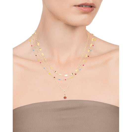 Lady wearing VICEROY FASHION Mod. 15132C01012 necklace with multicolor accents, official box included, quartz analog, 3 ATM water resistant.
