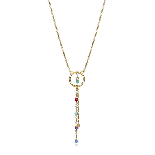 Gold necklace with colorful gemstone pendants in a cascading design.