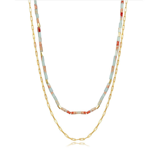 Stylish beaded necklace with gold chain detailing, showcasing a fashionable design for women, perfect for adding elegance to any outfit.