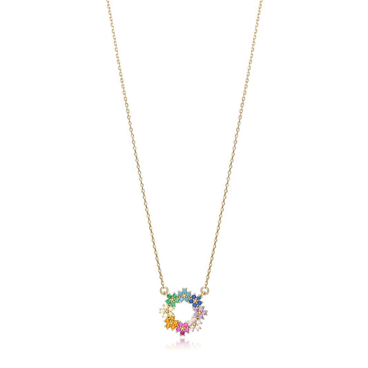 Elegant rainbow crystal necklace on a thin chain with a delicate circular pendant, perfect for adding a pop of color to any outfit.