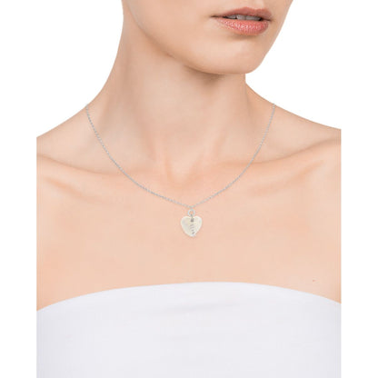 Lady wearing VICEROY JEWELS Mod. 13055C000-90 silver necklace, heart pendant, quartz movement, mineral dial, official packaging.