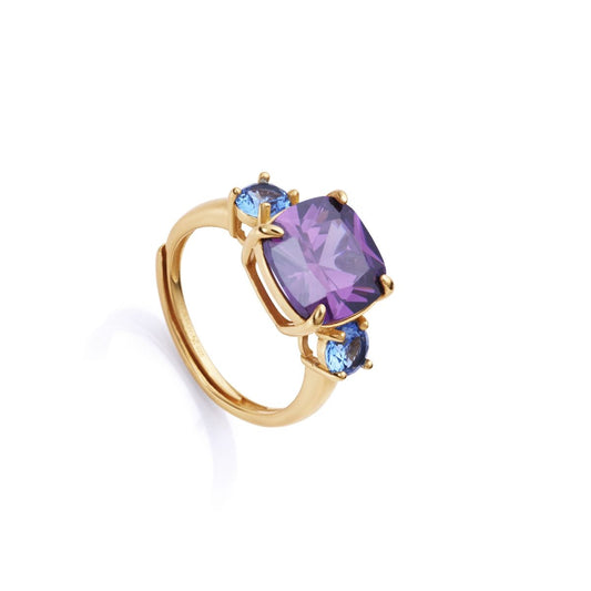 Elegant gold ring with a large purple gemstone and smaller blue stones, similar to VICEROY JEWELS Mod. 13100A015-59, ideal for ladies.