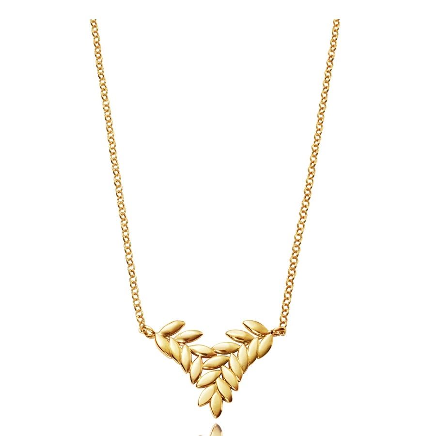 Gold necklace with leaf design on a thin chain, elegant jewelry piece reflecting light and style, perfect for formal or casual occasions.