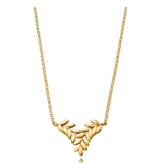 Gold necklace with leaf motif design on a chain, elegant jewelry piece for women.