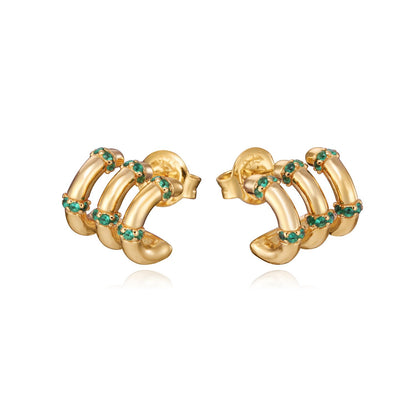 Gold and emerald style earrings with unique design, showcasing elegant fashion accessories.