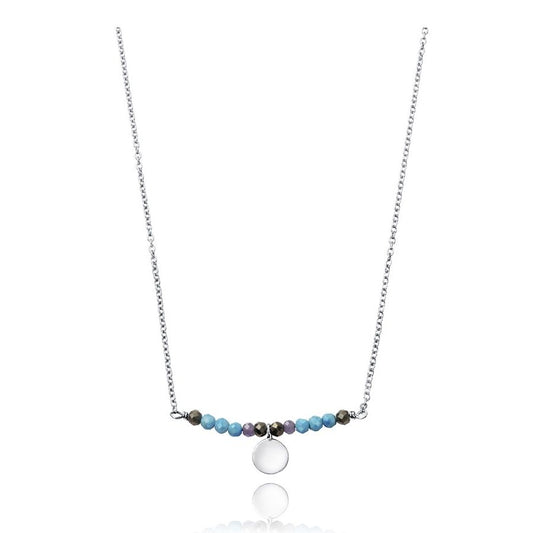Elegant silver necklace with colorful beads and round pendant on white background