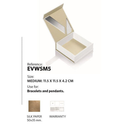Medium-sized jewelry box EVWSM5 for bracelets and pendants, size 11.5 x 11.5 x 4.2 cm with silk paper and warranty, open view.