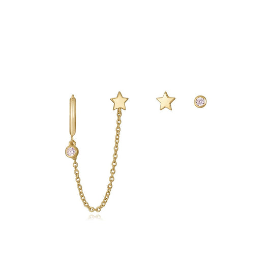 Gold star chain earrings with stud detail on white background, minimalist design