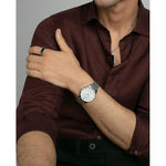Man wearing VICEROY Mod. 42455-83 watch with quartz movement, 41mm case, and bracelet style, showcasing elegant design and waterproof to 5 ATM.