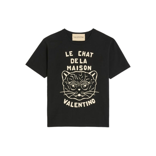 Valentino Cotton T-Shirt With Le Chat De La Maison Print, black crew neck, short sleeves featuring a stylish cat graphic.