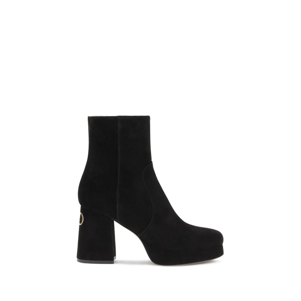 Valentino Garavani Black Calf Leather Bos Taurus Ankle Boots with VLogo detail and brass finish, platform heel, side zipper closure.
