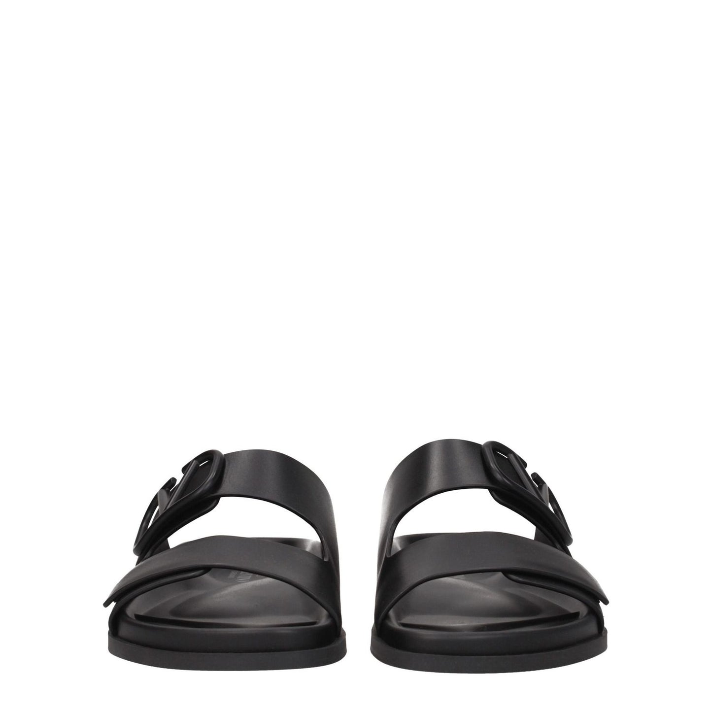 Valentino Garavani Black Leather Slippers with front logo, open toe, and rubber sole. Casual style footwear for men.