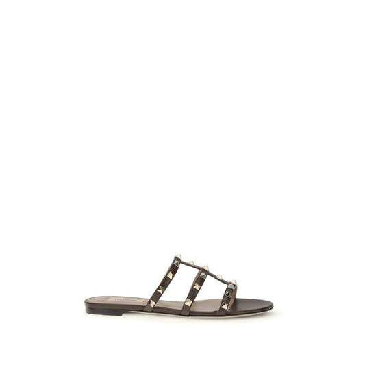Valentino Garavani Brown Calf Leather Bos Taurus Flat Sandals Valentino Garavani