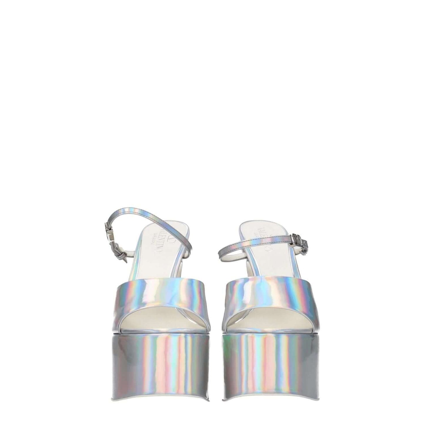 Valentino Garavani Gray Leather Platform Sandals with metallic effect, open toe, buckle closure, and high heel.