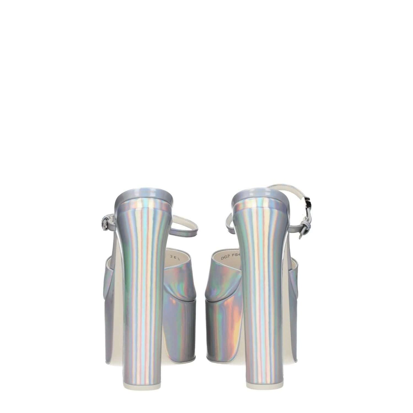 Valentino Garavani Gray Leather Platform Sandals with high heel and metallic effect, rear view showing buckle closure and open toe.