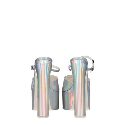 Valentino Garavani Gray Leather Platform Sandals with high heel and metallic effect, rear view showing buckle closure and open toe.