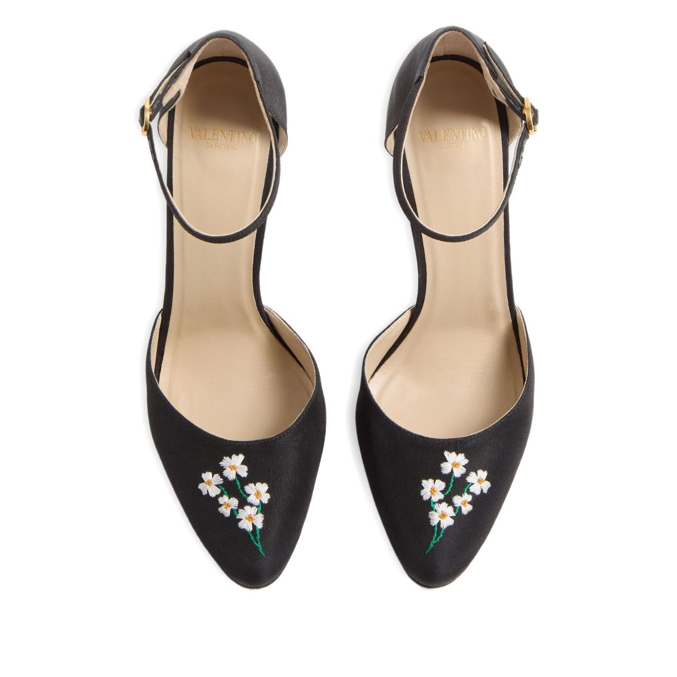 Valentino Garavani Hi Dolly Pumps In Fabric With Floral Embroidery 105mm, black ankle strap, floral embroidery, high tapered heel.