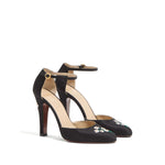 Valentino Garavani Hi Dolly Pumps In Fabric With Floral Embroidery 105mm, black ankle strap, high tapered heel, floral design