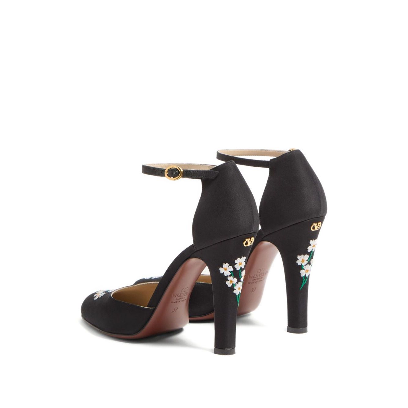 Valentino Garavani Hi Dolly Pumps In Fabric With Floral Embroidery 105mm, featuring black buckle strap and high tapered heel.