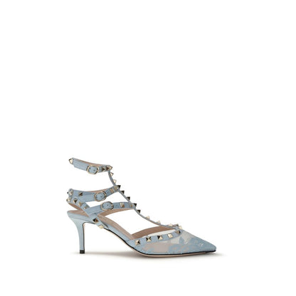 Valentino Garavani Light Blue Fabric High Heel Pumps with lace, suede straps, platinum-finish studs, and adjustable straps. AW25 collection.