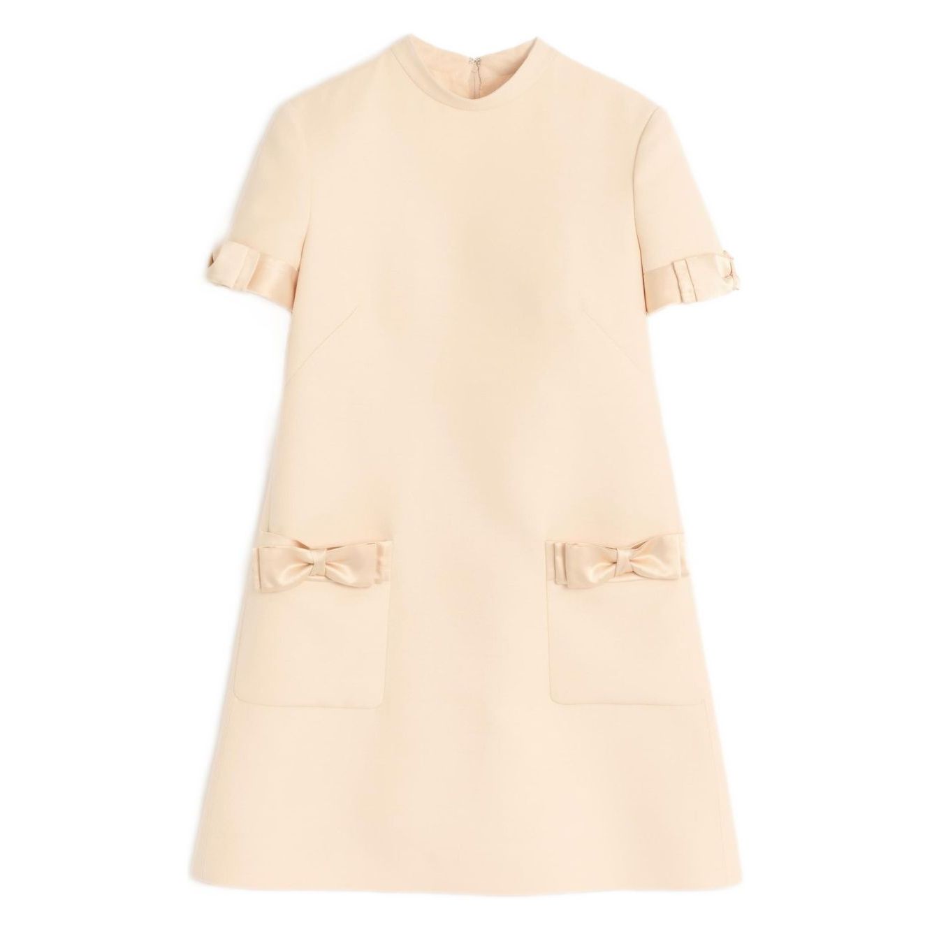 Valentino Short Crepe Couture Dress, beige with bow detailing, wool and silk blend, crew neck, rear zip fastening.