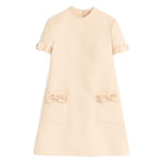 Valentino Short Crepe Couture Dress, beige with bow detailing, wool and silk blend, crew neck, rear zip fastening.