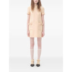 Valentino Short Crepe Couture Dress in beige with bow detailing, crew neck, and rear zip fastening, crafted from wool and silk.